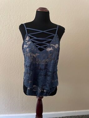 Express Blue Lace Crisscross V-Neck Top